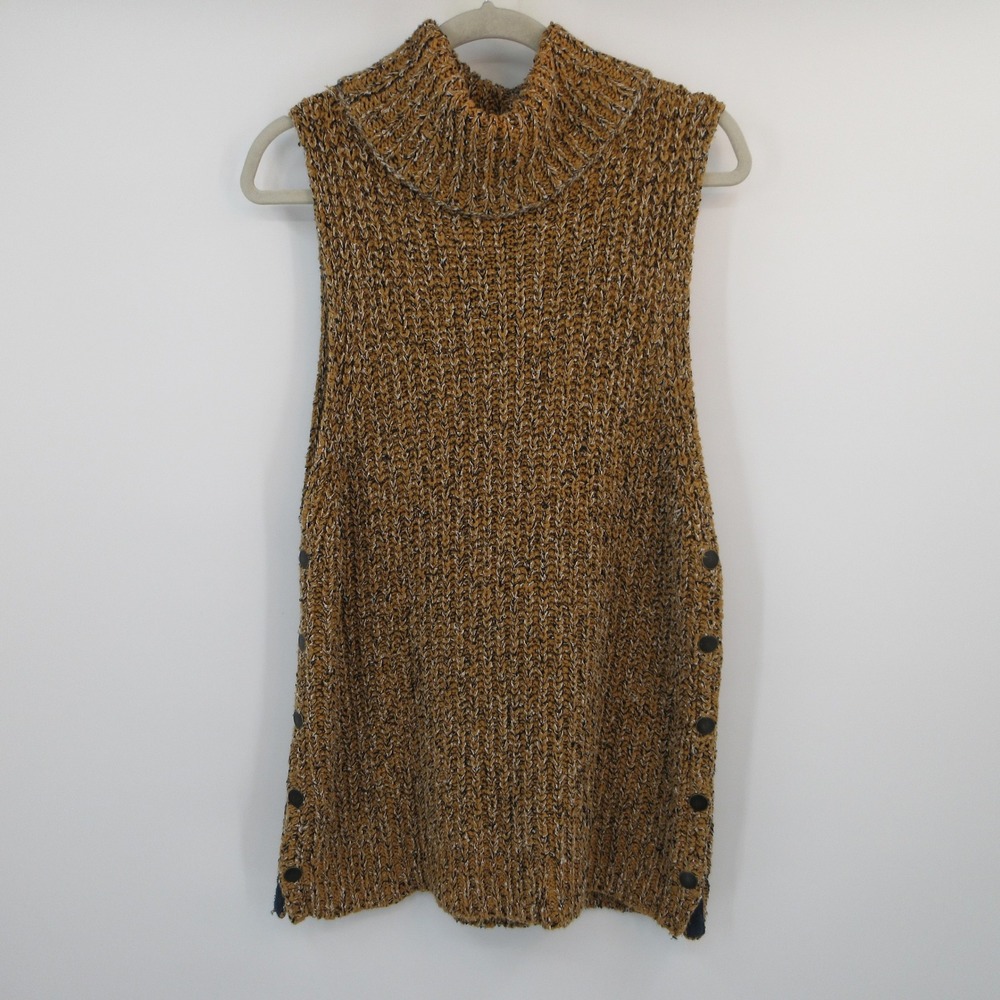 Free People Womens Sleeveless Turtleneck Side Button Marled Knit Sweater Mustard